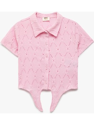 Koton Kısa Kollu Bağlama Detaylı Gömlek Yaka Brodeli Bluz