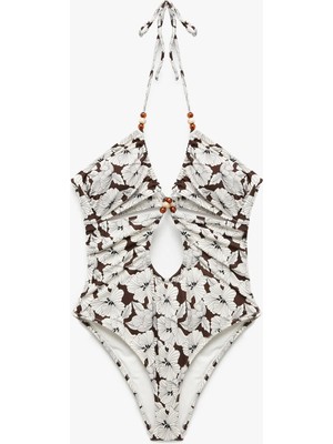 Koton Astarlı Boncuklu Pencere Detaylı Ip Askılı Çiçekli Mayokini