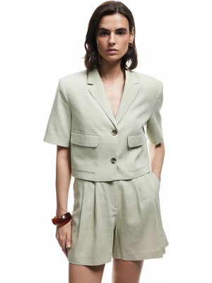 Koton Cepli Düğmeli Kısa Kollu Astarlı Keten Crop Blazer Ceket