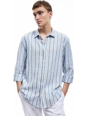 Koton Keten Viskon Karışımlı Regular Fit Klasik Yaka Uzun Kollu Çizgili Gömlek