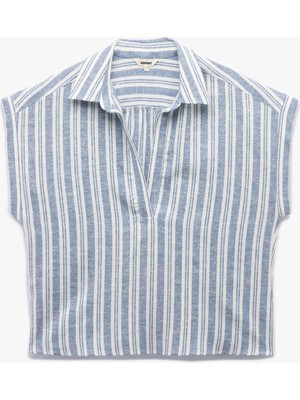 Koton Keten Karışımlı Kısa Kollu Kaçık Gömlek Yaka Bluz