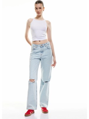 Koton Pamuklu Yıpratma Detaylı Düz Paça Denim Pantolon - Straight Fit Jean