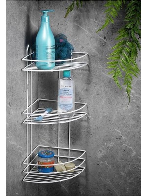 Leaf Shop Boyu Paslanmaz Yapışkanlı Banyo Köşeliği Düzenleyici Şampuanlık Duş Rafı Beyaz Ek-03