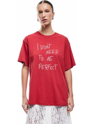 Koton Pamuklu Rahat Kalıp Kısa Kollu Bisiklet Yaka Baskılı Tişört