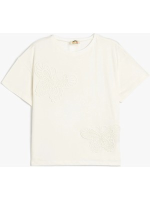 Koton Tişört Kısa Kollu Kelebek Işlemeli Bisiklet Yaka Pamuklu