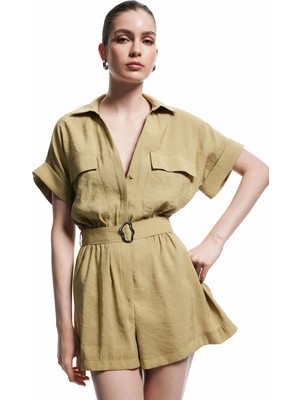Koton Kemerli Cepli Gömlek Yaka Kısa Kollu Modal Kumaş Şort Tulum