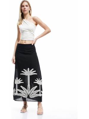 Koton Pamuklu Nakış Detaylı Palmiye Desenli A Kesim Midi Etek