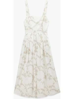 Koton Astarlı Viskon Kumaş Kare Yaka Uzun Pileli Askılı Çiçekli Elbise