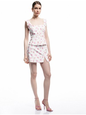 Koton Standart Bel Pamuklu Yırtmaç Detaylı A Kesim Poplin Çiçekli Mini Etek