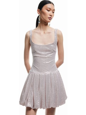 Koton Pullu Kolsuz Dar Kesim Kare Yaka Mini Abiye Balon Elbise