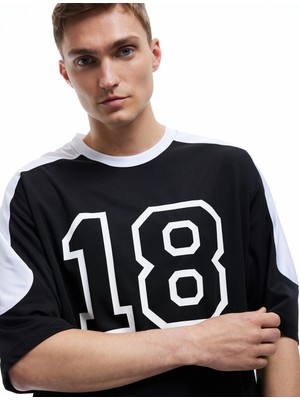 Koton Renk Bloklu Yarım Kollu Bisiklet Yaka Baskılı Spor Oversize Tişört