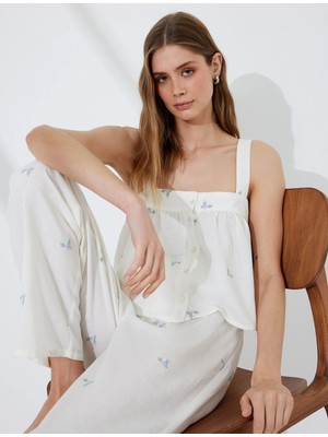 Koton Pamuklu-Keten Karışımlı Askılı Çiçek Işlemeli Crop Pijama Üstü