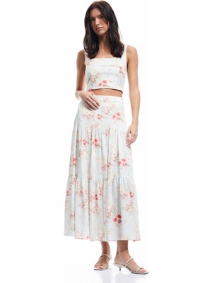 Koton Bol Kalıp Astarlı Keten Karışımlı Uzun Çiçekli Kloş Etek