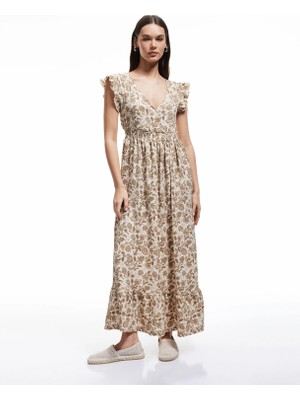 Koton V Yaka Kelebek Kollu Desenli Katlı Uzun Elbise