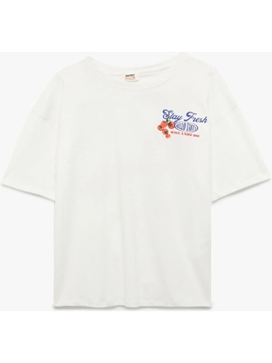 Koton Pamuklu Kısa Kollu Bisiklet Yaka Arkası Meyve Baskılı Bol Kalıp Tişört