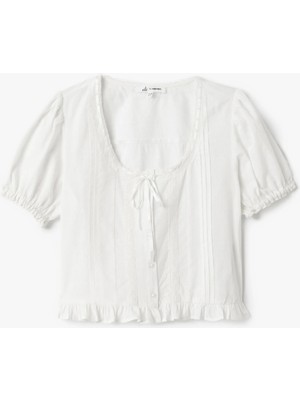 Koton Balon Kol U Yaka Fiyonk Detaylı Fırfırlı Bluz