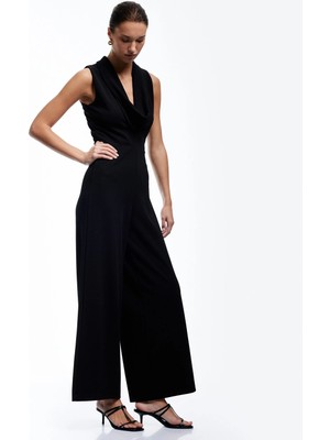 Koton Krep Scuba Kumaş Kolsuz Bol Paça Degaje Yaka Tulum