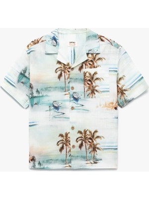 Koton Palmiye Desenli Kısa Kollu Düğmeli Cep Detaylı Pamuklu Gömlek