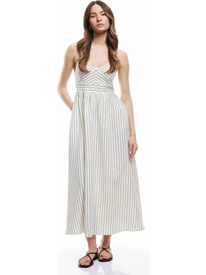 Koton Pamuklu Astarlı Cepli Uzun Çizgili Ince Askılı Elbise