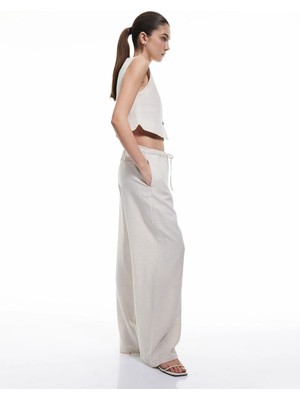 Koton Beli Bağlamalı Viskon Keten Karışımlı Yüksek Bel Bol Paça Pantolon