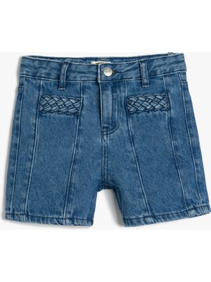 Koton Kız Çocuk Denim Şort Yüksek Belli Örgü Detaylı Desensiz Rahat Fit Yazlık