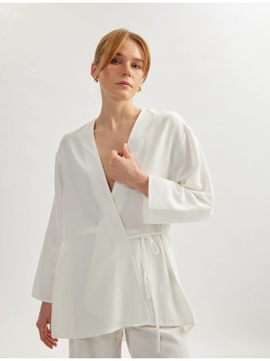 Koton Keten Karışımlı Uzun Geniş Kollu Kruvaze Kimono