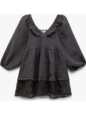 Koton Fırfır Detaylı Pamuklu Balon Kollu Müslin Elbise