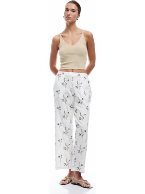 Koton Viskon Kumaş Düz Bol Paça Fistolu Brodeli Çiçekli Pantolon