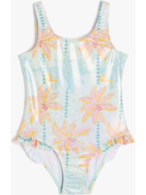 Koton Fırfırlı Askılı Bisiklet Yaka Palmiye Baskılı Mayo