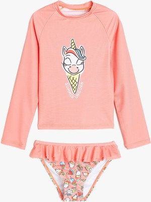 Koton Fırfır Detaylı Unicorn Baskılı Uzun Kollu Bikini Seti