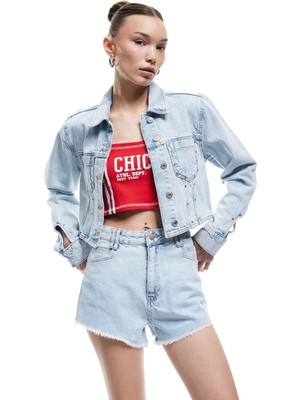 Koton Yüksek Bel Rahat Kalıp Düğmeli Cepli Pis Paça Denim Şort