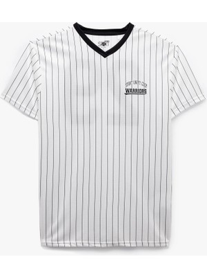 Koton V Yaka Kısa Kollu Çizgili Biyeli Oversize Baskılı Spor Tişört