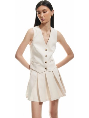 Koton A Kesim Kolsuz V Yaka Düğmeli Pileli Mini Yelekli Elbise
