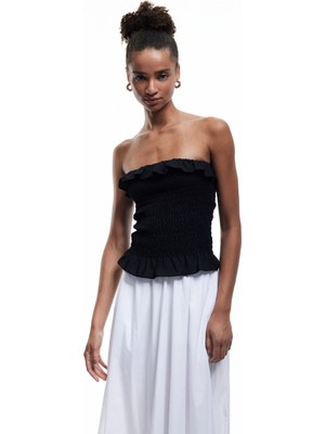 Koton Pamuklu Fırfırlı Gipeli Straplez Yaka Kolsuz Crop Bluz