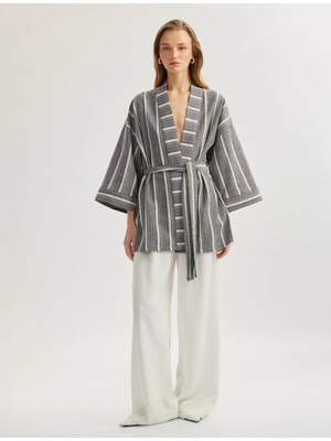 Koton Pamuklu Rahat Kalıp Kemerli 3/4 Geniş Kol Uzun Kimono