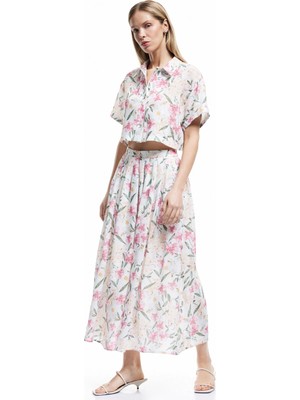 Koton Pile Detaylı Yüksek Bel Midi Kloş Çiçekli Etek