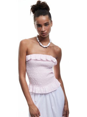 Koton Pamuklu Fırfırlı Gipeli Straplez Yaka Kolsuz Crop Bluz