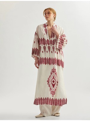 Koton Kimono Kol Mandarin Yaka Etnik Desenli Uzun Viskon Elbise