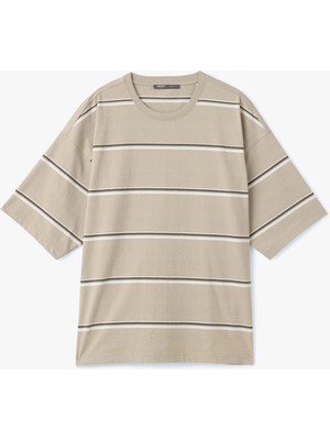 Koton Çizgili Bisiklet Yaka Kısa Kollu Tok Kumaş Pamuklu Oversize Tişört