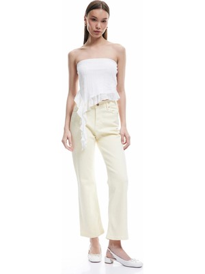 Koton Pamuklu Düğmeli Cepli Dar Kalıp Yüksek Bel Ispanyol Paça Jean Pantolon - Flare Jeans