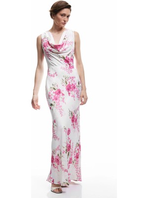 Koton Viskon Kumaş Degaje Yaka Kolsuz Midi Boy Çiçekli Saten Elbise