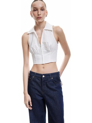 Koton Fermuarlı Pamuklu Dar Kesim Gömlek Yaka Kolsuz Crop Bluz