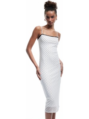 Koton Kare Yaka Askılı Puantiyeli Dantelli Tül Midi Elbise