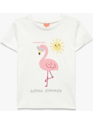 Koton Kısa Kollu Pamuklu Flamingo Baskılı Tişört Kız Çocuk Günlük Stil 12 - 18 Ay