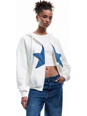Koton Şardonlu Kapüşonlu Yıldız Aplikeli Fermuarlı Sweatshirt