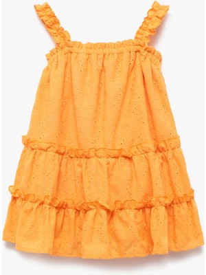 Koton Fırfır Detaylı Pamuklu Brode Katmanlı Kare Yaka Askılı Elbise