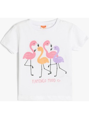 Koton Kız Çocuk Flamingo Baskılı Pamuklu Kısa Kollu Tişört Günlük Stil 9 - 12 Ay