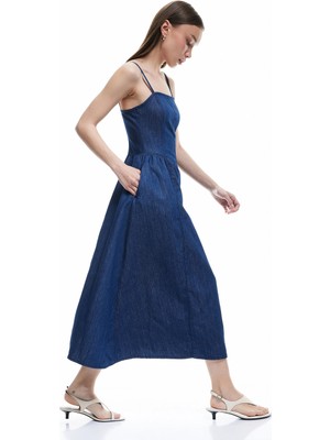 Koton Straplez Yaka Pamuklu Askılı Midi Jean Elbise