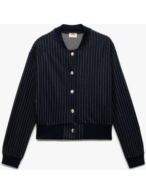 Koton Uzun Kollu Çıtçıt Kapamalı Viskon Kumaş Çizgili Ceket