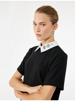 Koton Renk Kontrastlı Kısa Kollu Gömlek Yaka Taş Detaylı Tişört